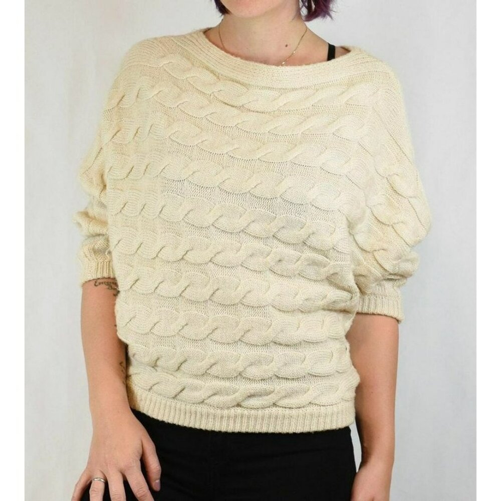 Military Hippie Sweater Womens Large/XL Ivory Cream Cableknit Boxy Pullover